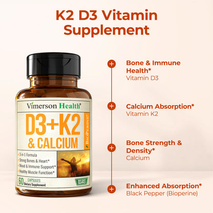 Vitamin D3 K2 Supplement – All-in-1 Support for Immune, Bone & Heart Health with Vitamin D + Vitamin K (as MK7) – K2 D3 (5000 IU) Vitamin Supplement with Black Pepper for Max Absorption, 60 Capsules