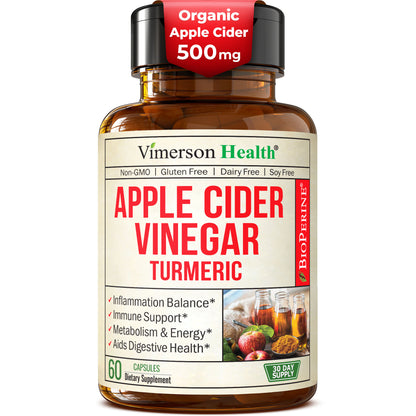 Organic Apple Cider Vinegar with Turmeric Curcumin Supplement & Ginger for Digestive Health, Metabolism, Energy & Joint Support - Organic Turmeric & Apple Cider Vinegar Capsules. 60 Vegan Non-GMO Caps