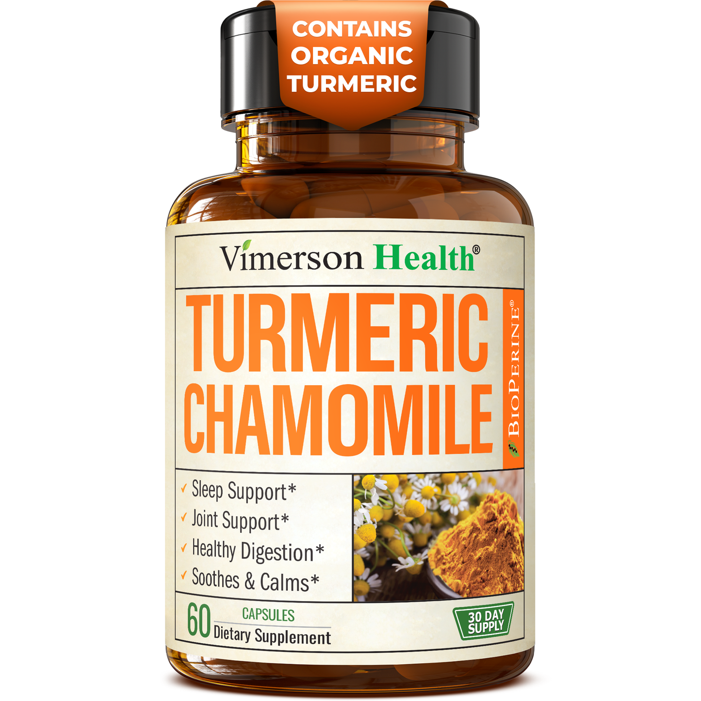 Turmeric Supplement & Chamomile Capsules for Sleep - Organic Turmeric Sleep Supplement with Chamomile Flowers Extract (Manzanilla) - Relaxation & Stress Support - Joint & Digestive Health. 60 Capsules