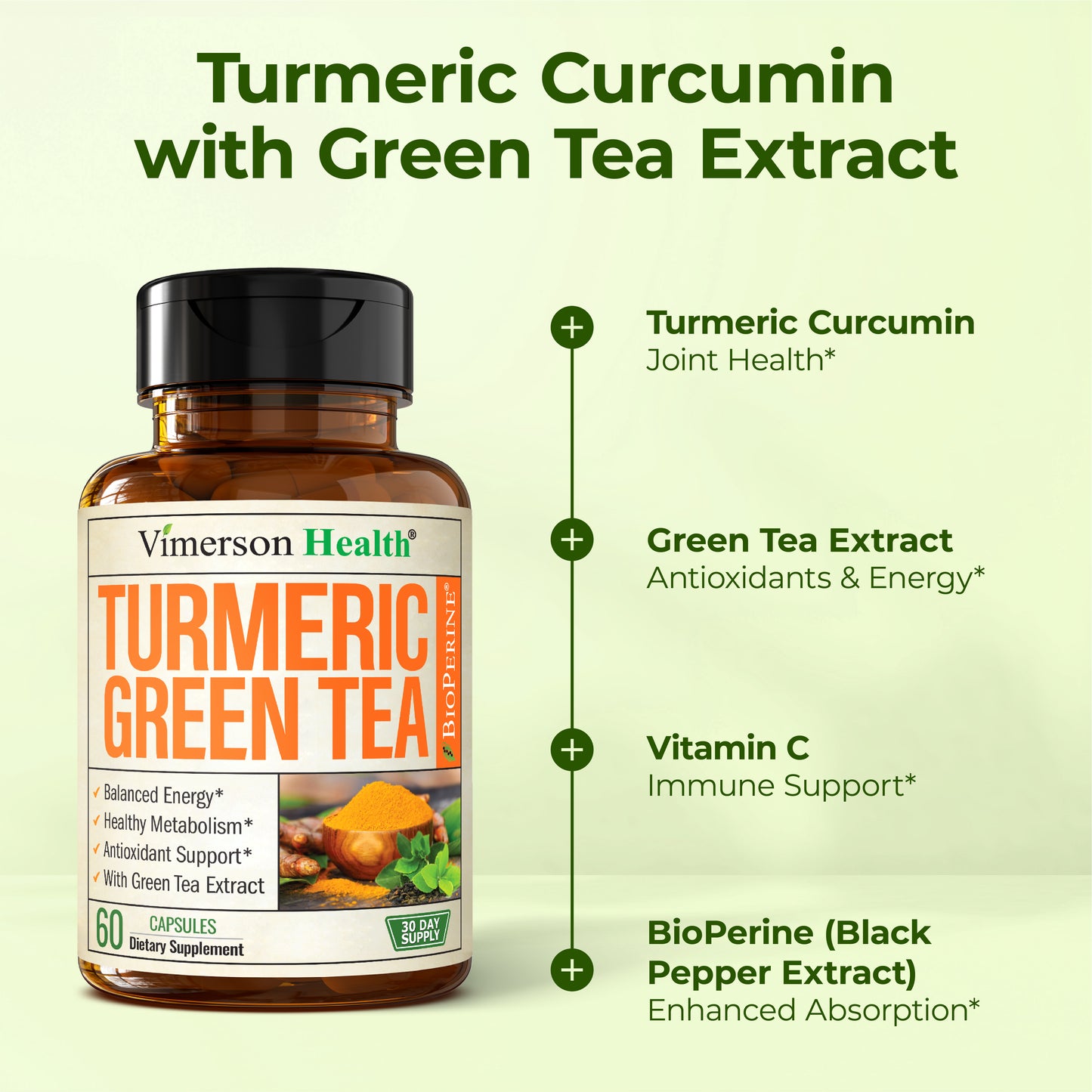 Turmeric Curcumin Supplement with Green Tea Extract (ECGC) & Vitamin C for Joint Health, Energy & Inflammation Balance - Organic Tumeric Curcumin with Black Pepper - Gluten-Free, Non-GMO - 60 Capsules
