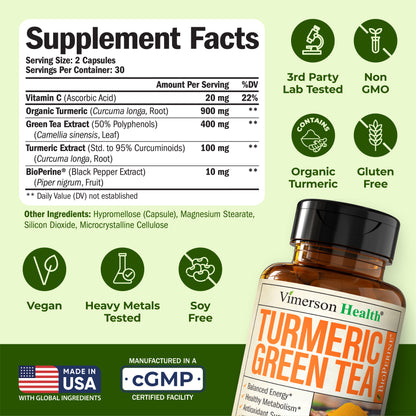 Turmeric Curcumin Supplement with Green Tea Extract (ECGC) & Vitamin C for Joint Health, Energy & Inflammation Balance - Organic Tumeric Curcumin with Black Pepper - Gluten-Free, Non-GMO - 60 Capsules