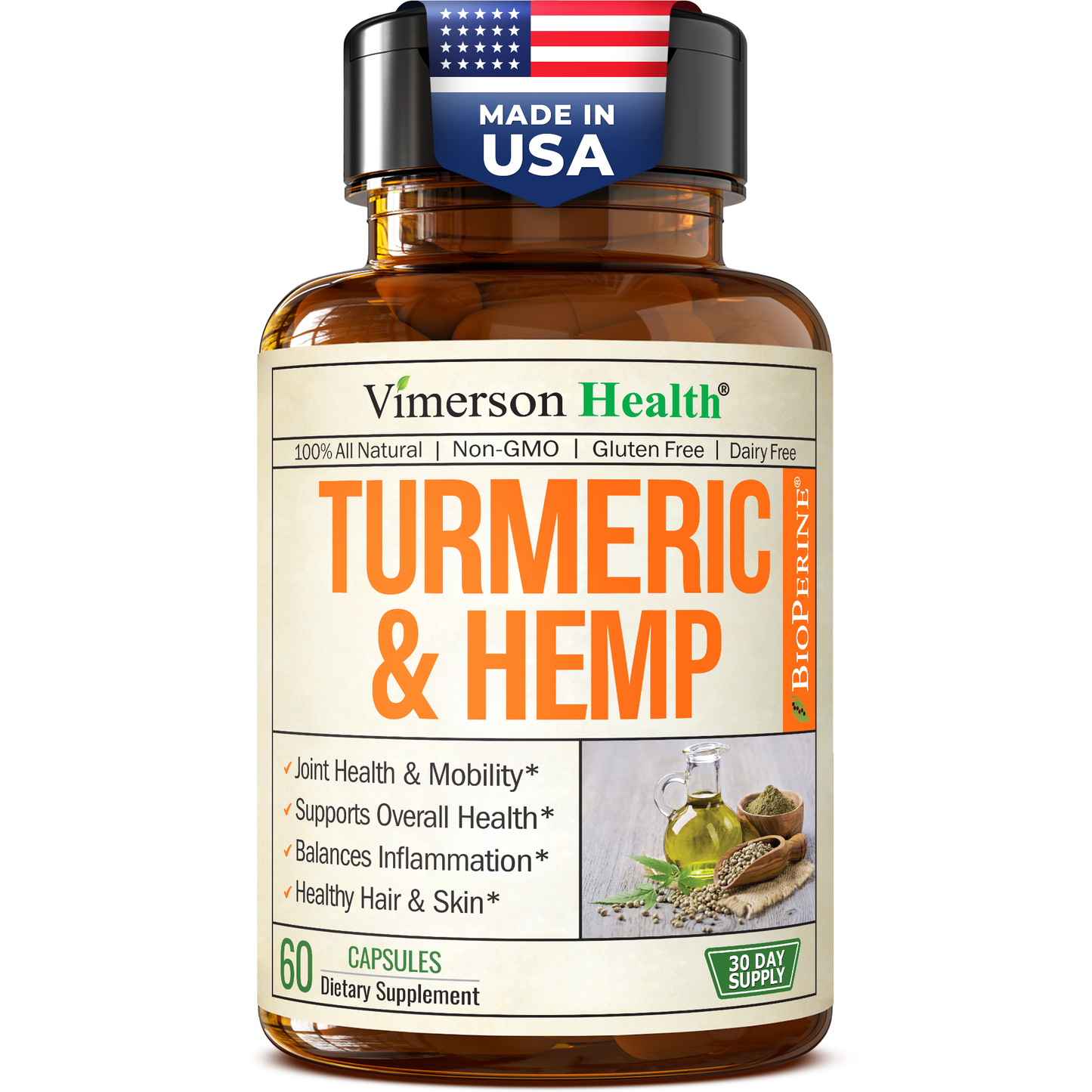 Turmeric Curcumin Supplement with Hemp Seeds & Lemon Balm Extract – Joint Health & Mobility – with Black Pepper for Absorption – Natural Joint Supplement for Men & Women