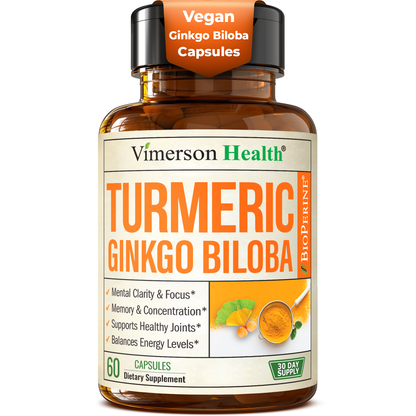 Ginkgo Biloba and Turmeric Curcumin Supplement with Black Pepper & Organic Tumeric – Natural Turmeric Supplement for Focus, Memory, Joint & Brain Health – 60 Vegan Ginko Biloba Capsules with Curcuma