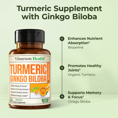 Ginkgo Biloba and Turmeric Curcumin Supplement with Black Pepper & Organic Tumeric – Natural Turmeric Supplement for Focus, Memory, Joint & Brain Health – 60 Vegan Ginko Biloba Capsules with Curcuma
