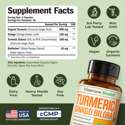 Ginkgo Biloba and Turmeric Curcumin Supplement with Black Pepper & Organic Tumeric – Natural Turmeric Supplement for Focus, Memory, Joint & Brain Health – 60 Vegan Ginko Biloba Capsules with Curcuma