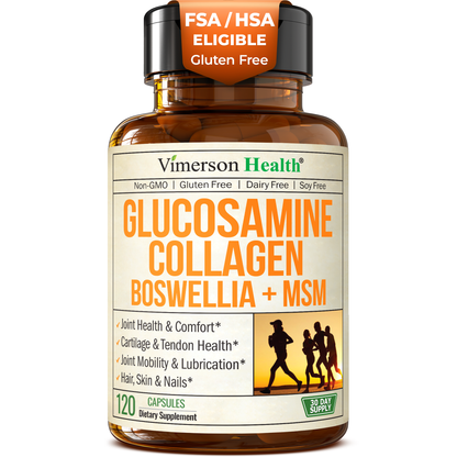 Glucosamine Chondroitin MSM with Hydrolyzed Collagen Peptides - Joint Support Supplement with Quercetin, Bromelain & Boswellia Extract - Collagen pills for Hair Skin Nails - FSA Eligible 120 Caps
