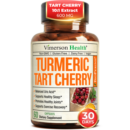 Turmeric Curcumin Supplement with 10:1 Tart Cherry Extract & Celery Seed Extract - Natural Uric Acid Balance, Joint Health & Sleep Aid - Turmeric Curcumin with Black Pepper. 60 Tart Cherry Capsules