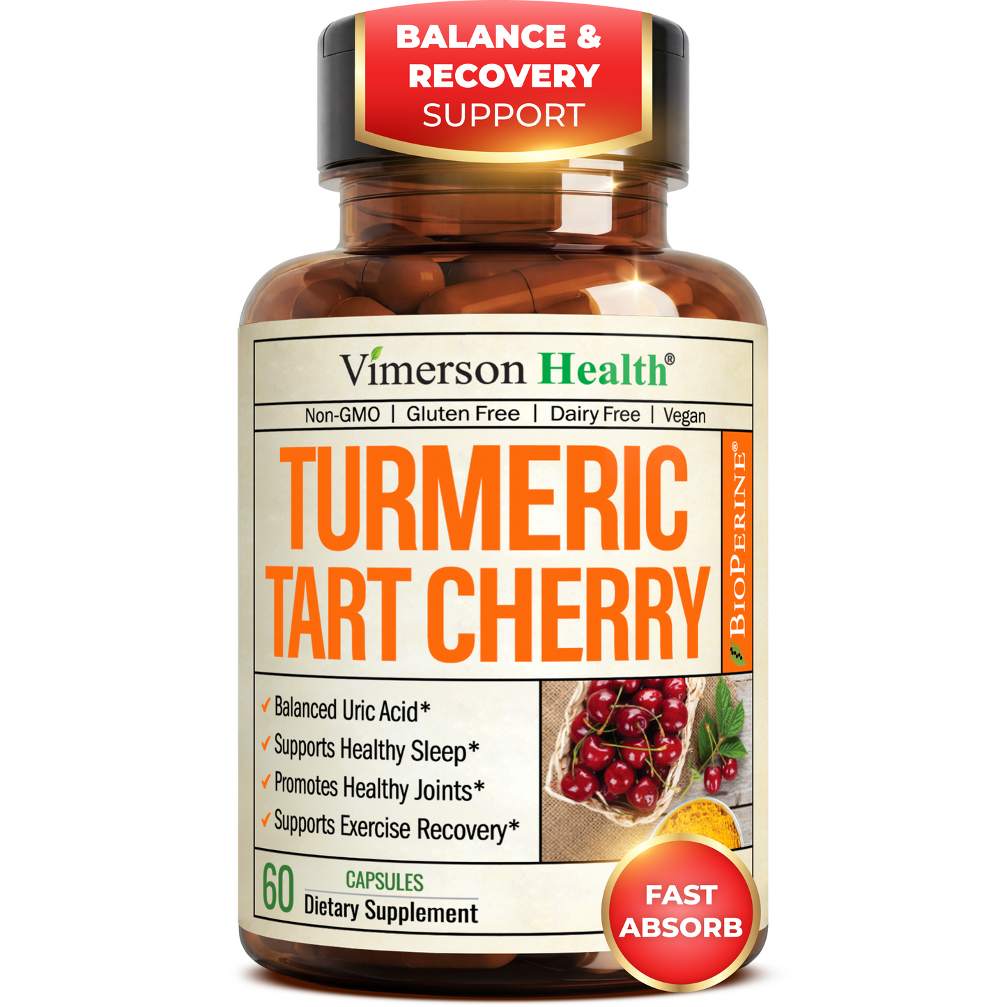 Turmeric Curcumin Supplement with 10:1 Tart Cherry Extract & Celery Seed Extract - Natural Uric Acid Balance, Joint Health & Sleep Aid - Turmeric Curcumin with Black Pepper. 60 Tart Cherry Capsules