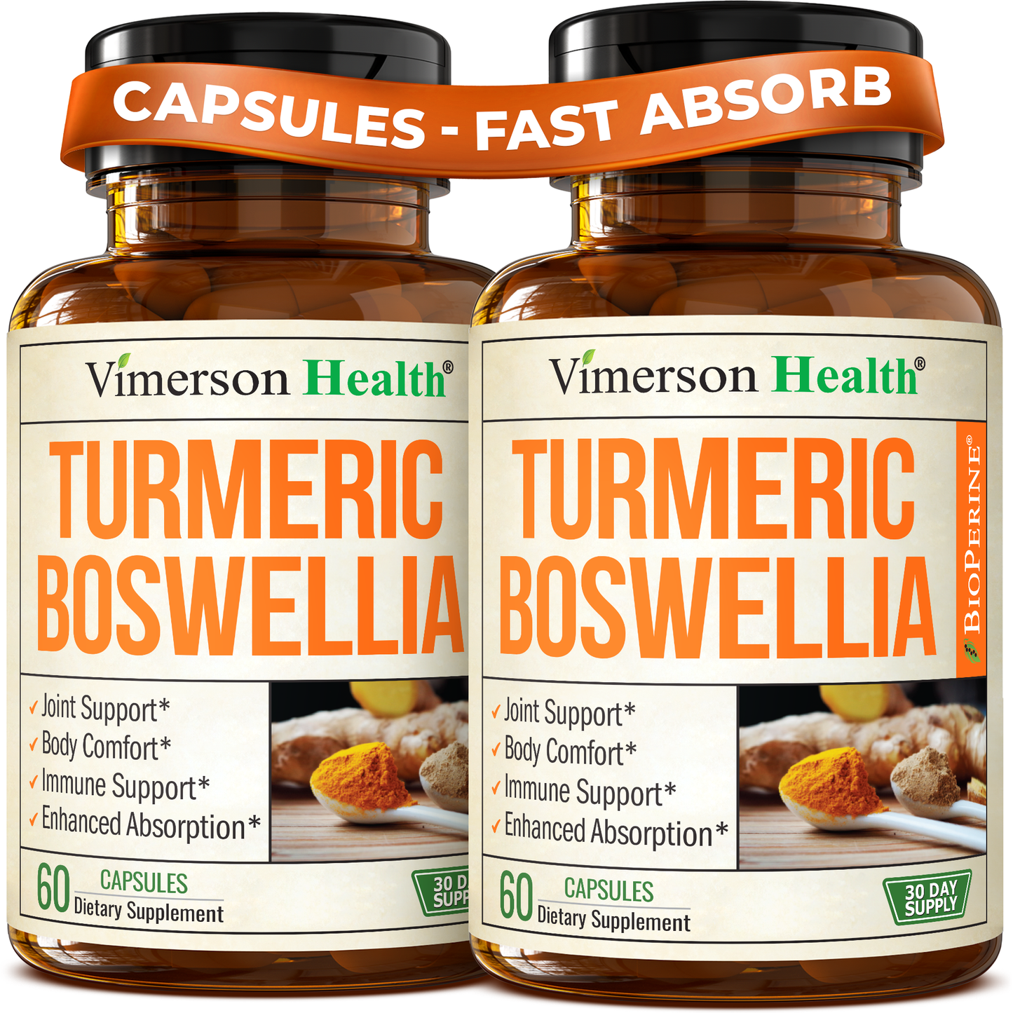 Turmeric Curcumin Supplement with Boswellia Serrata, Ginger, Organic Turmeric Powder & Bioperine for Max Absorption - 95% Curcuminoids Turmeric Supplement - Tumeric Boswellia Extract Capsules 2-Pack
