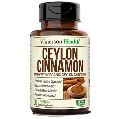 Organic Ceylon Cinnamon Capsules - Ceylon True Cinnamon Supplements (Canela de Ceylan) for Inflammation Balance, Cognitive Function, Metabolic, Antioxidant Support. Non-GMO. Vegan. 60 Caps Made in USA