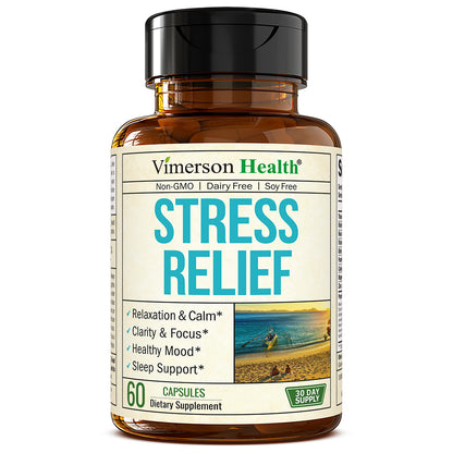 Stress Relief Supplement with 5HTP, Ashwagandha, Valerian, St John’s Wort, GABA, Chamomile & B-Vitamins - Promotes Relaxation, Sleep, Calm & Balanced Mood, Energy & Focus. Vegan, Non-GMO, 60 Capsules