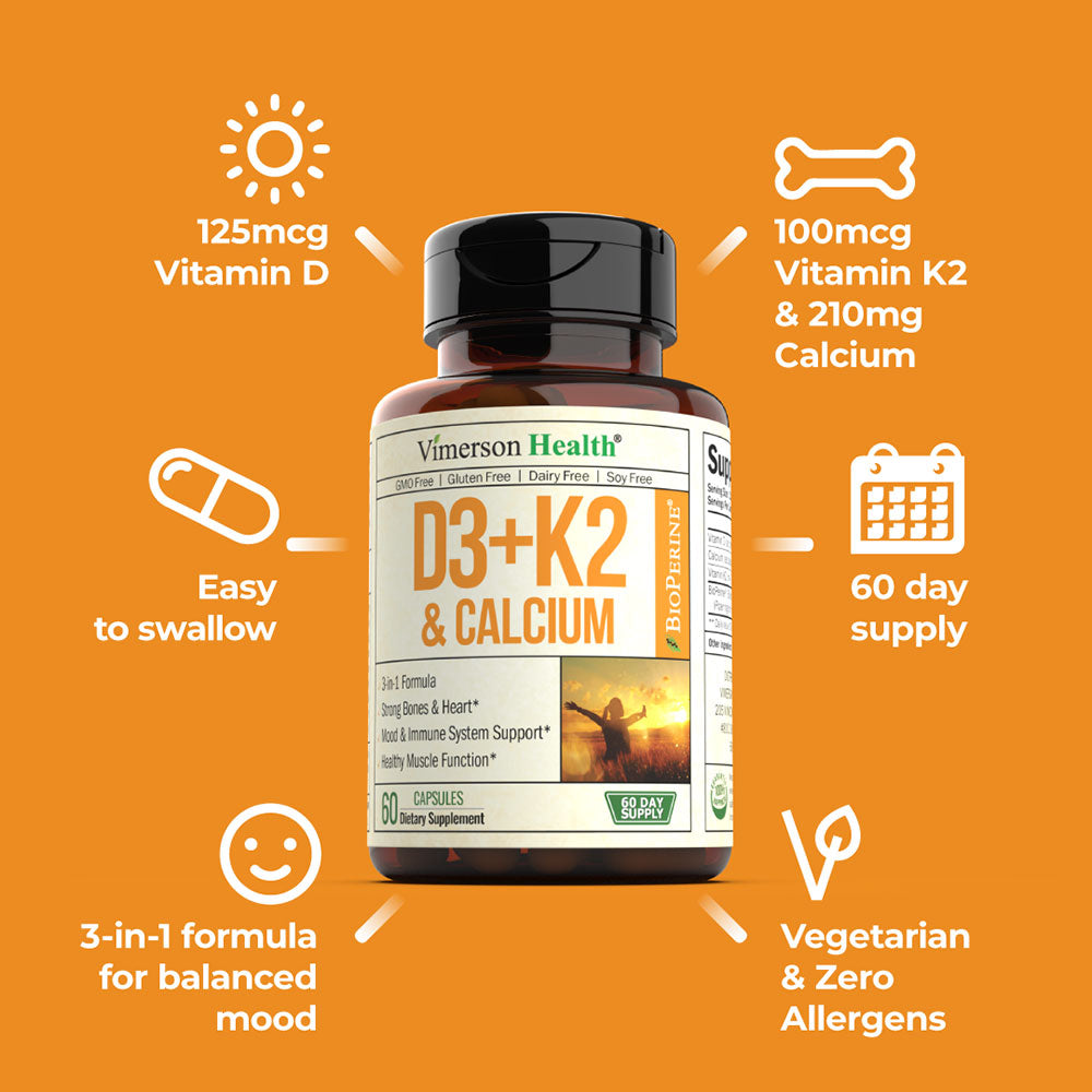 Product image suggesting combined vitamin D3 and K2 support for bones and muscle health