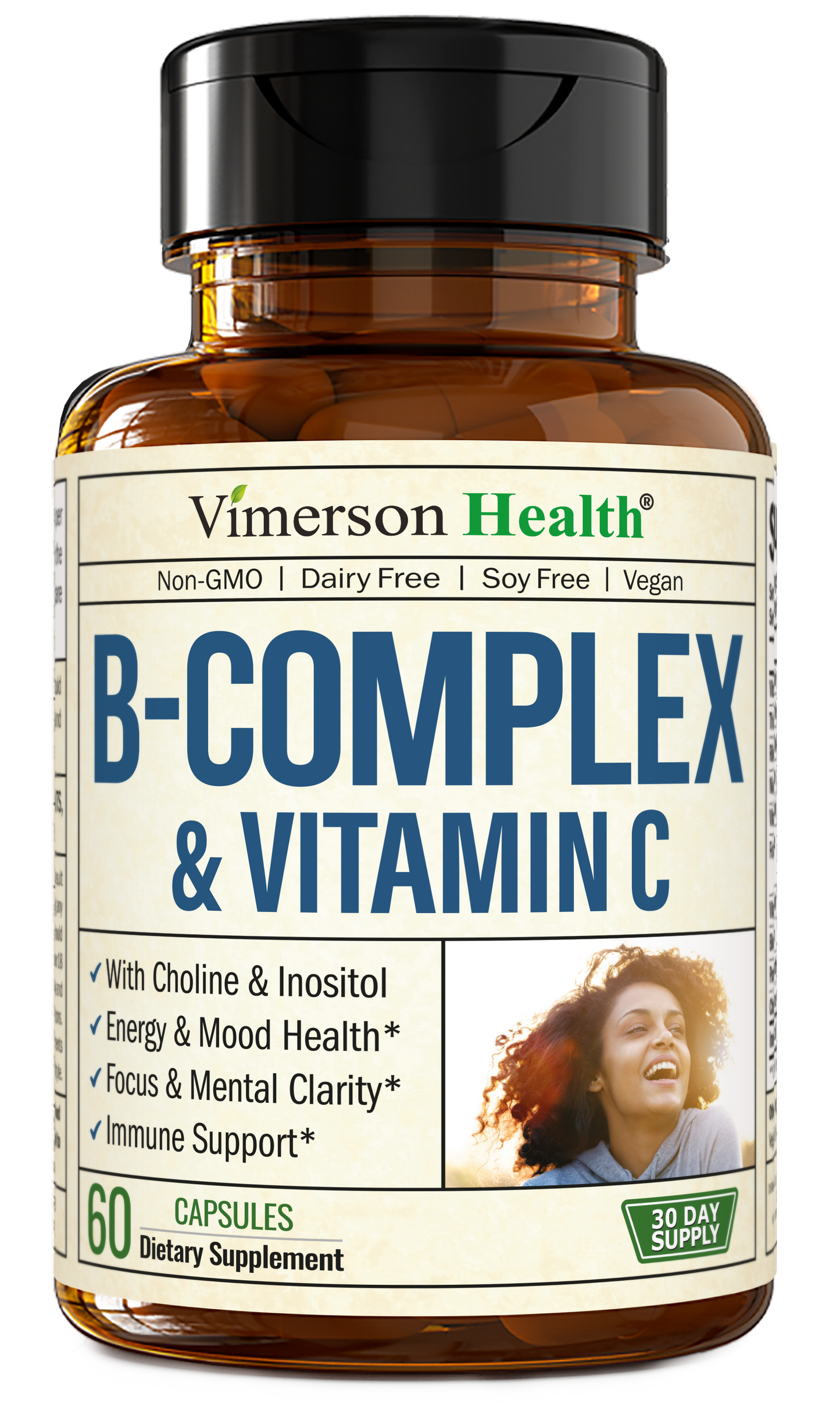 Vitamin B Complex with Vit C & Folic Acid (Folate) - 8 High Potency B Vitamins: B1, B2, B3, B5, B6, B7, Vitamin B12 + Biotin, Choline & Inositol. Aids Mood, Energy, Nervous System & Immune Support