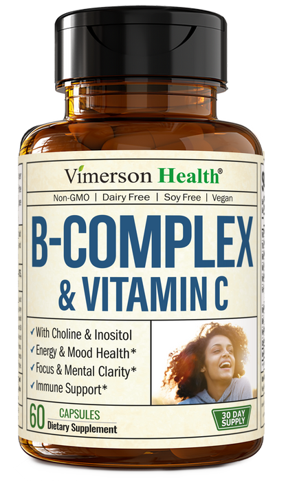 Vitamin B Complex with Vit C & Folic Acid (Folate) - 8 High Potency B Vitamins: B1, B2, B3, B5, B6, B7, Vitamin B12 + Biotin, Choline & Inositol. Aids Mood, Energy, Nervous System & Immune Support