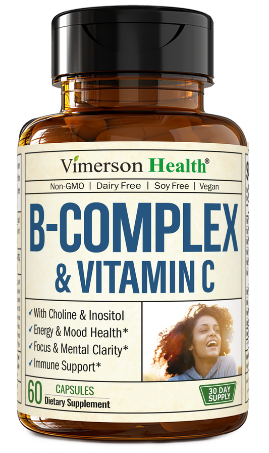 Vitamin B Complex with Vit C & Folic Acid (Folate) - 8 High Potency B Vitamins: B1, B2, B3, B5, B6, B7, Vitamin B12 + Biotin, Choline & Inositol. Aids Mood, Energy, Nervous System & Immune Support