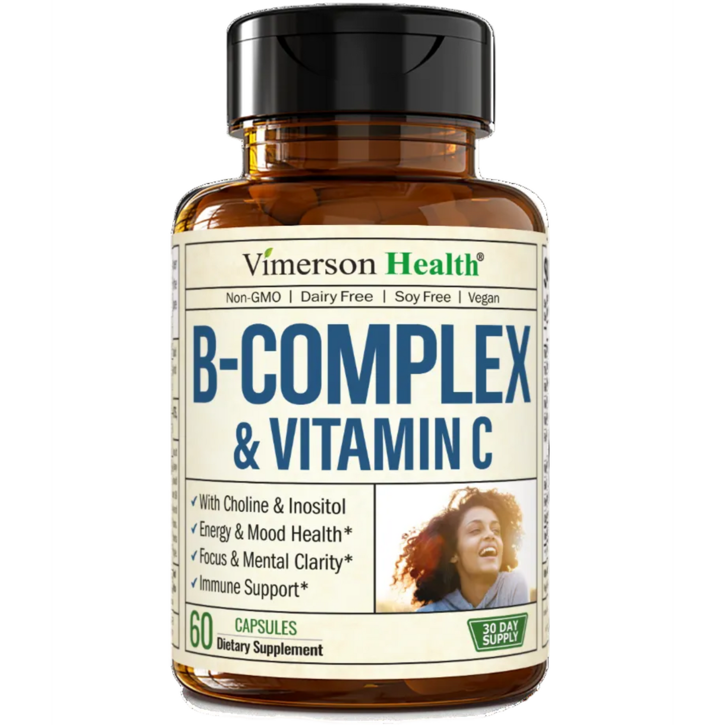 Vitamin B Complex with Vit C & Folic Acid (Folate) - 8 High Potency B Vitamins: B1, B2, B3, B5, B6, B7, Vitamin B12 + Biotin, Choline & Inositol. Aids Mood, Energy, Nervous System & Immune Support