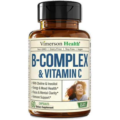 Vitamin B Complex with Vit C & Folic Acid (Folate) - 8 High Potency B Vitamins: B1, B2, B3, B5, B6, B7, Vitamin B12 + Biotin, Choline & Inositol. Aids Mood, Energy, Nervous System & Immune Support